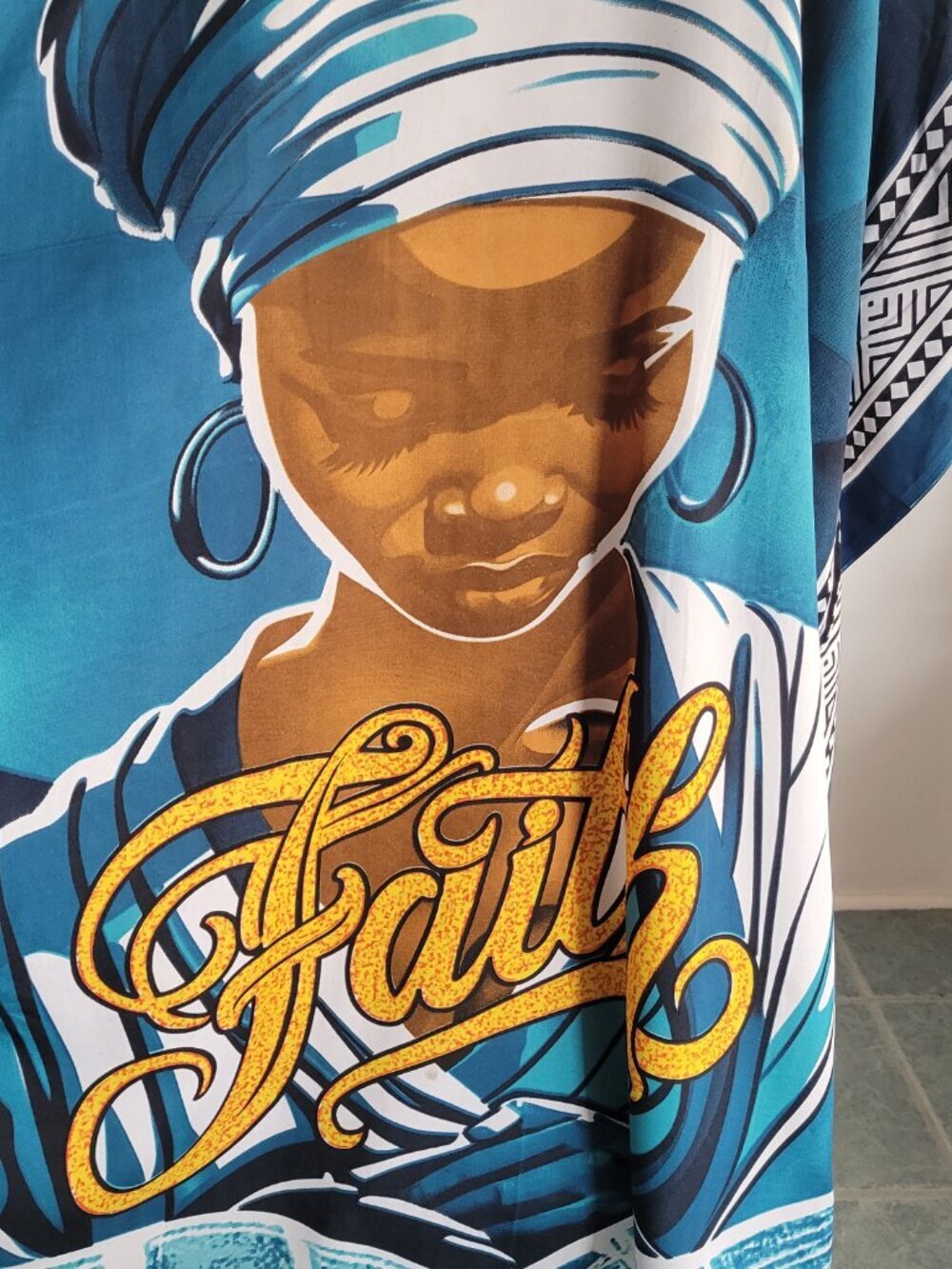 African Print Blue & White Abstract Faith Graphic Kaftan Dress - Picture 11 of 15